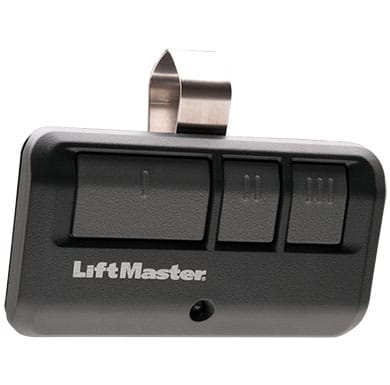 Black garage control with three buttons and a visor clip, from LiftMaster