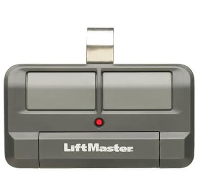Black garage door control with two buttons and a visor clip from LiftMaster