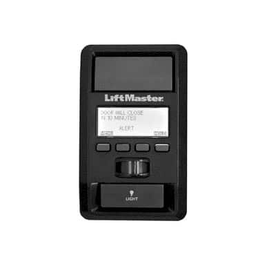 Black garage door control panel with text display from LiftMaster
