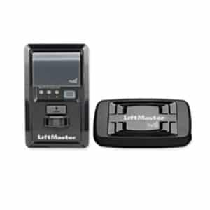 Black garage opener control panel and black internet gateway monitor, from LiftMaster