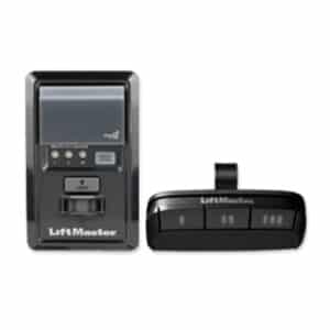 Black garage control panel and black garage control for car visor, from LiftMaster