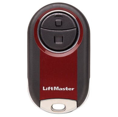 Red and black garage door mini remote with two buttons, from LiftMaster