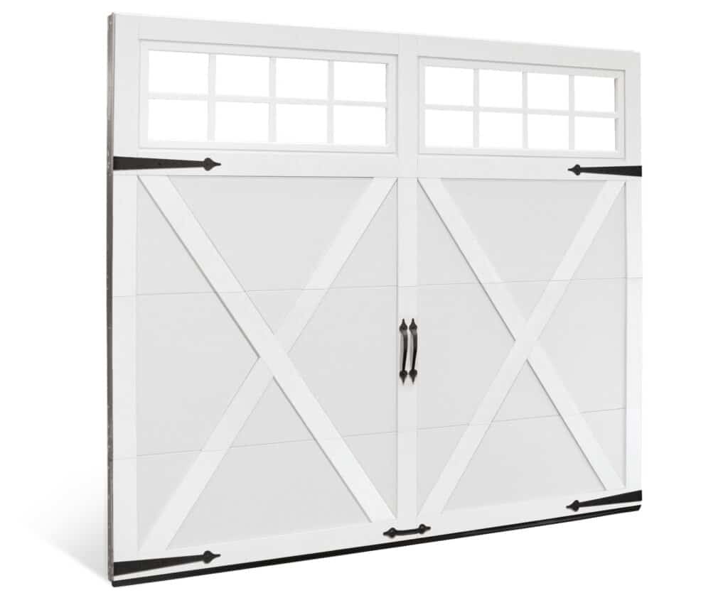 white and grey carriage style garage door with windows