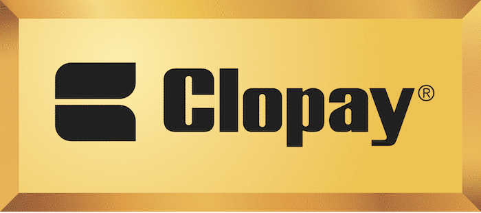 Gold and black Clopay logo with graphic and text. Image for CHI vs Clopay Garage Doors comparison.