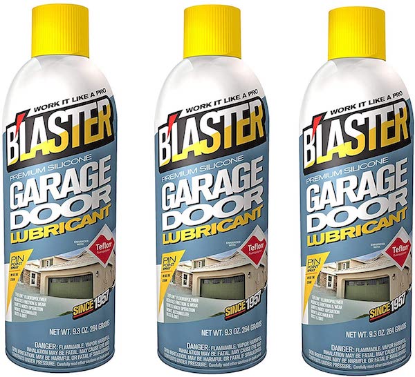 Photo of three bottles of b'laster garage door lubricant for post on best garage door spring lube.