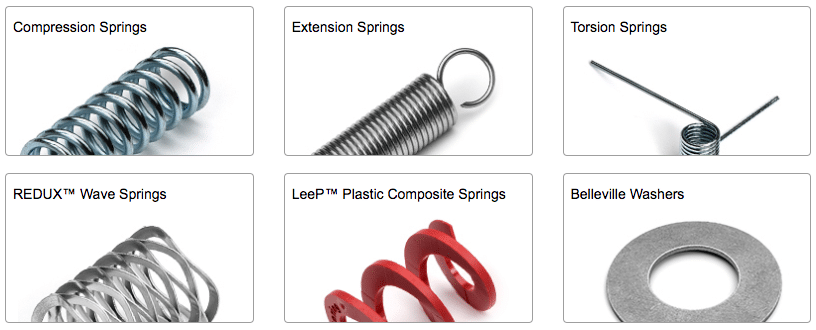 Screenshot of several spring types offered by Lee Springs for post on best garage door torsion springs.