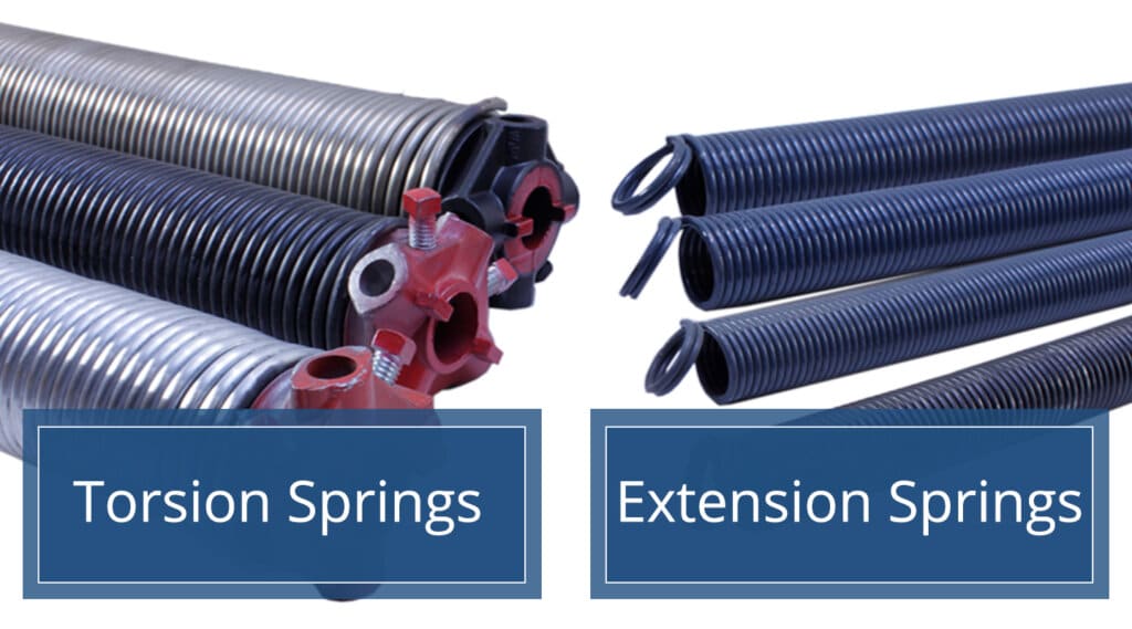 Photo of torsion springs and extension springs in post for garage door weight vs spring size.