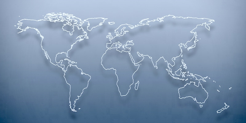 Graphic showing a map of the globe with white outlines on a gradient white to blue background for post on best garage door spring company.