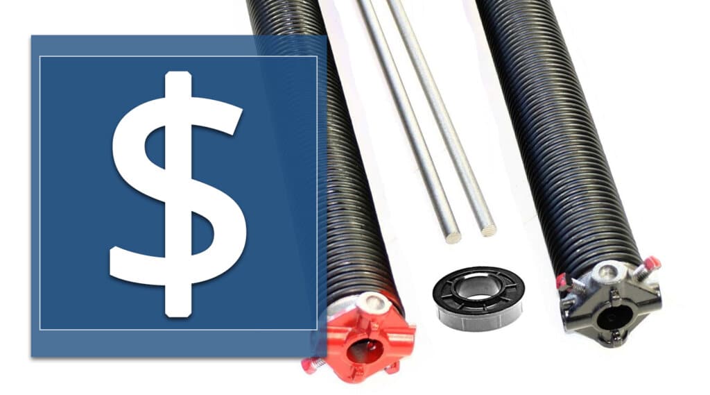 Image of money symbol over photo of two torsion springs with red and black winding cones and winding bars for post on how much are garage door springs.