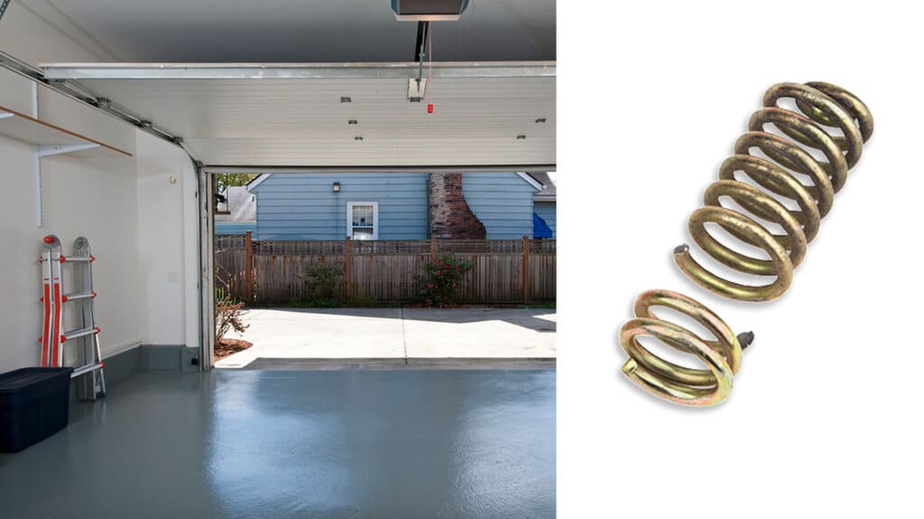Composite image of open garage door with a broken spring on the right side of the image.