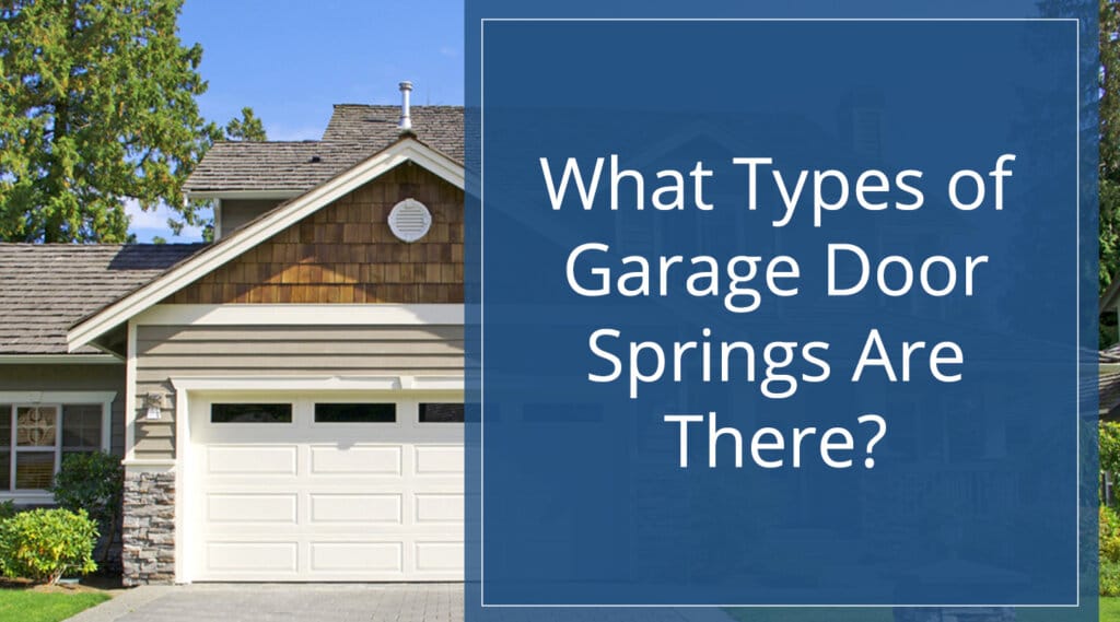 Photo of a suburban house with mixed material siding and two car garage with title overlay for post on what types of garage door springs are there.