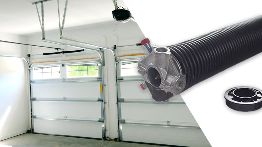 Composite image with photo of two garage doors with torsion spring systems.