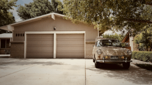 double fiberglass garage doors in beige