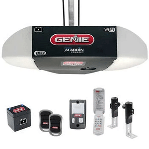 large black and white genie opener with various electronic accessories