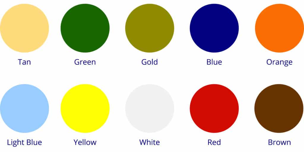 Image of garage spring colors used in garage door spring chart - tan, green, gold, blue, orange, light blue, yellow, white, red, brown.