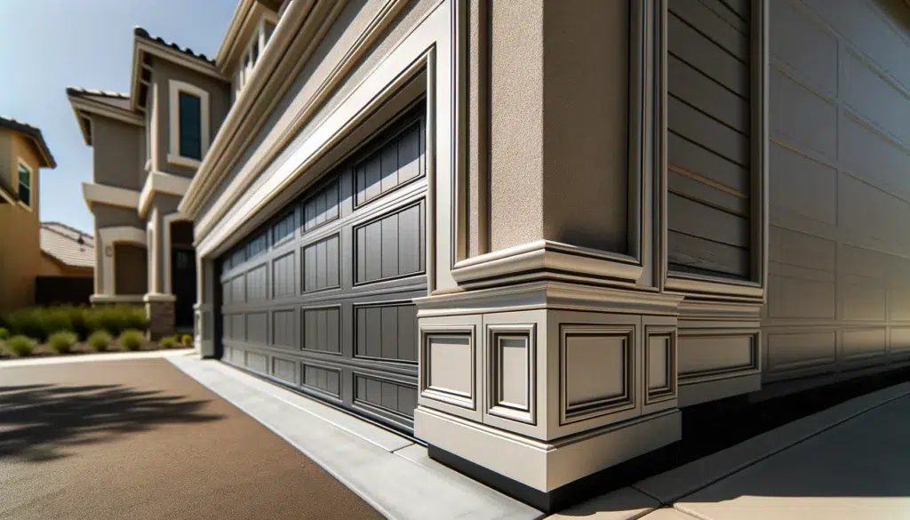 An image showcasing the detail of garage door trim in a modern residential setting